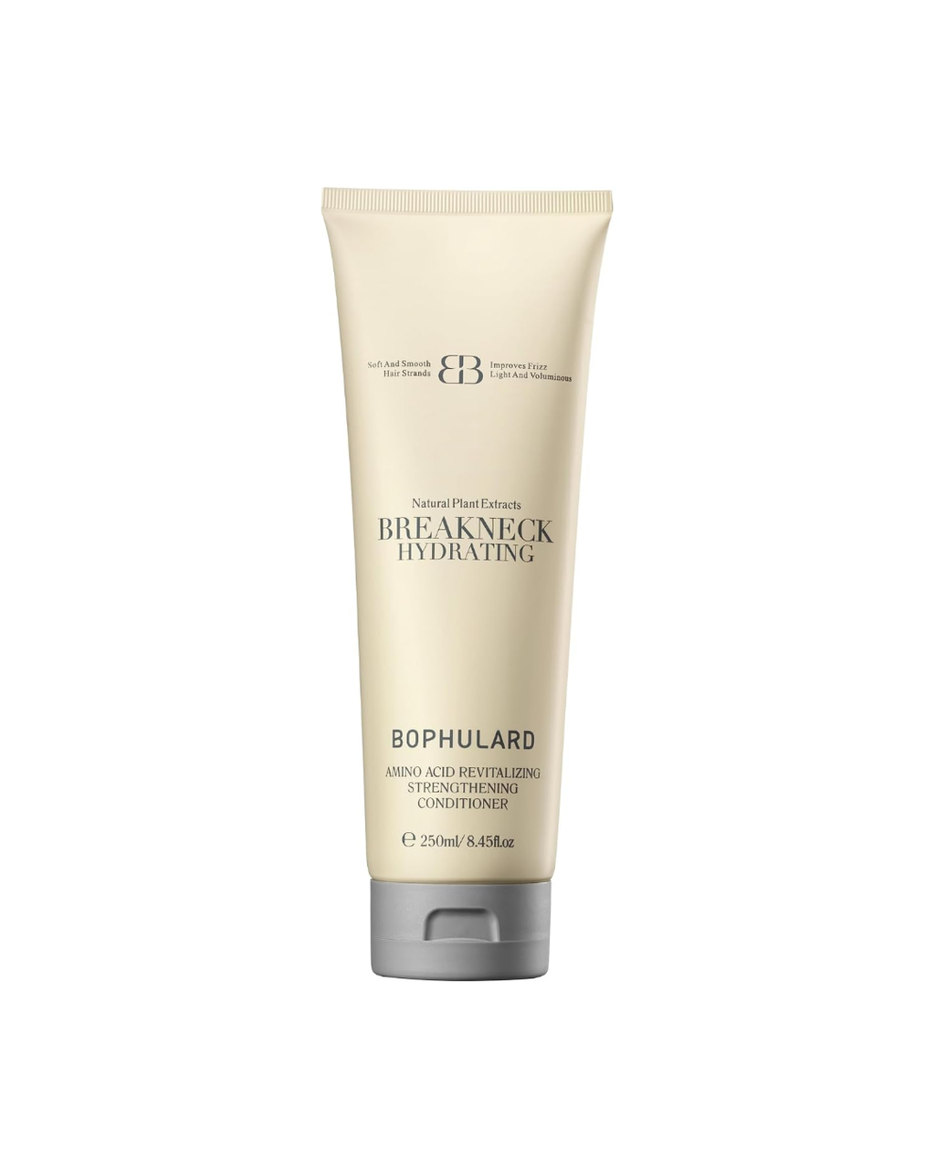 A 250ml squeeze tube of Bophulard Breakneck Hydrating Strengthening Conditioner, featuring a light beige body with black text and a gray cap, set against a plain white background.