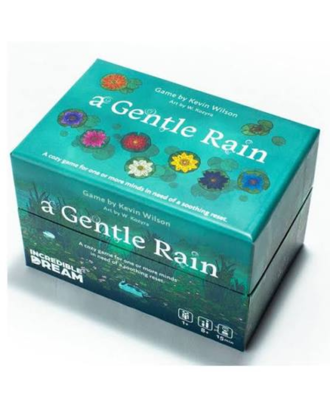 The box for the card game 'a Gentle Rain' by Kevin Wilson, published by Incredible Dream. The packaging features a teal-green background decorated with colorful flower illustrations and a dark green underwater scene on the side.