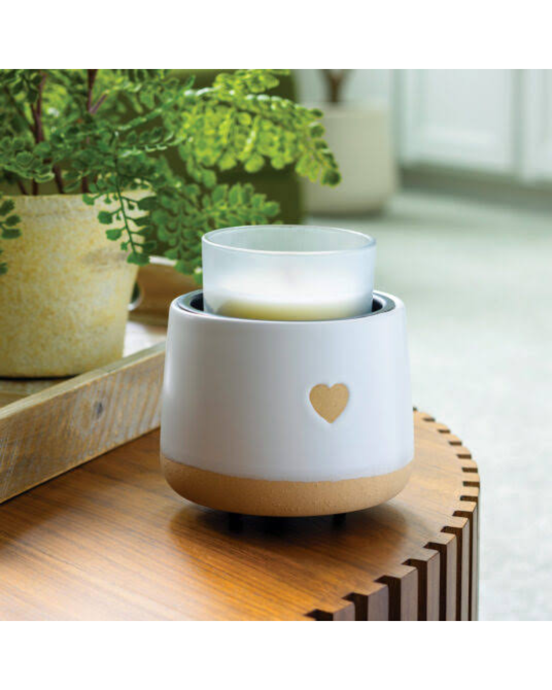 A white and beige ceramic candle warmer with a small heart cutout, holding a frosted glass candle, set on a wooden table next to a potted fern.