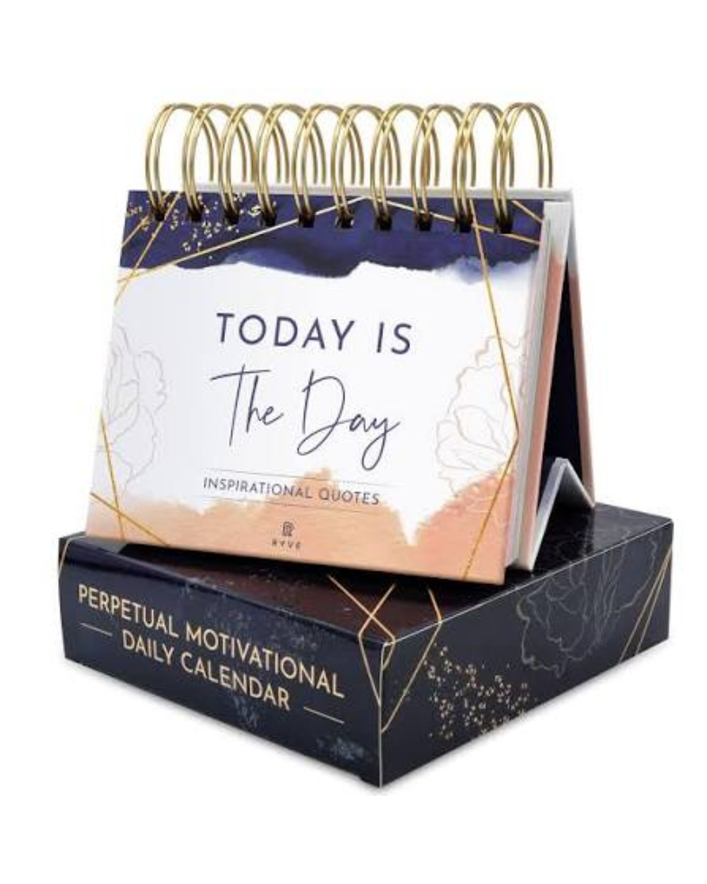 A tabletop daily calendar with a gold spiral wire binding, shown standing on top of its branded box. The front page reads 'TODAY IS The Day' with inspirational quotes, and the box says 'PERPETUAL MOTIVATIONAL DAILY CALENDAR.
