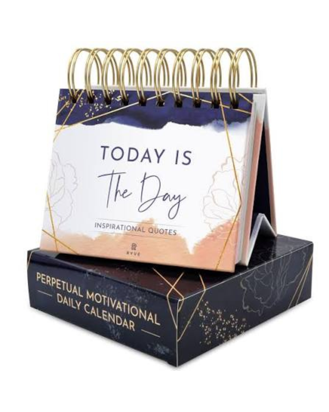 A tabletop daily calendar with a gold spiral wire binding, shown standing on top of its branded box. The front page reads 'TODAY IS The Day' with inspirational quotes, and the box says 'PERPETUAL MOTIVATIONAL DAILY CALENDAR.