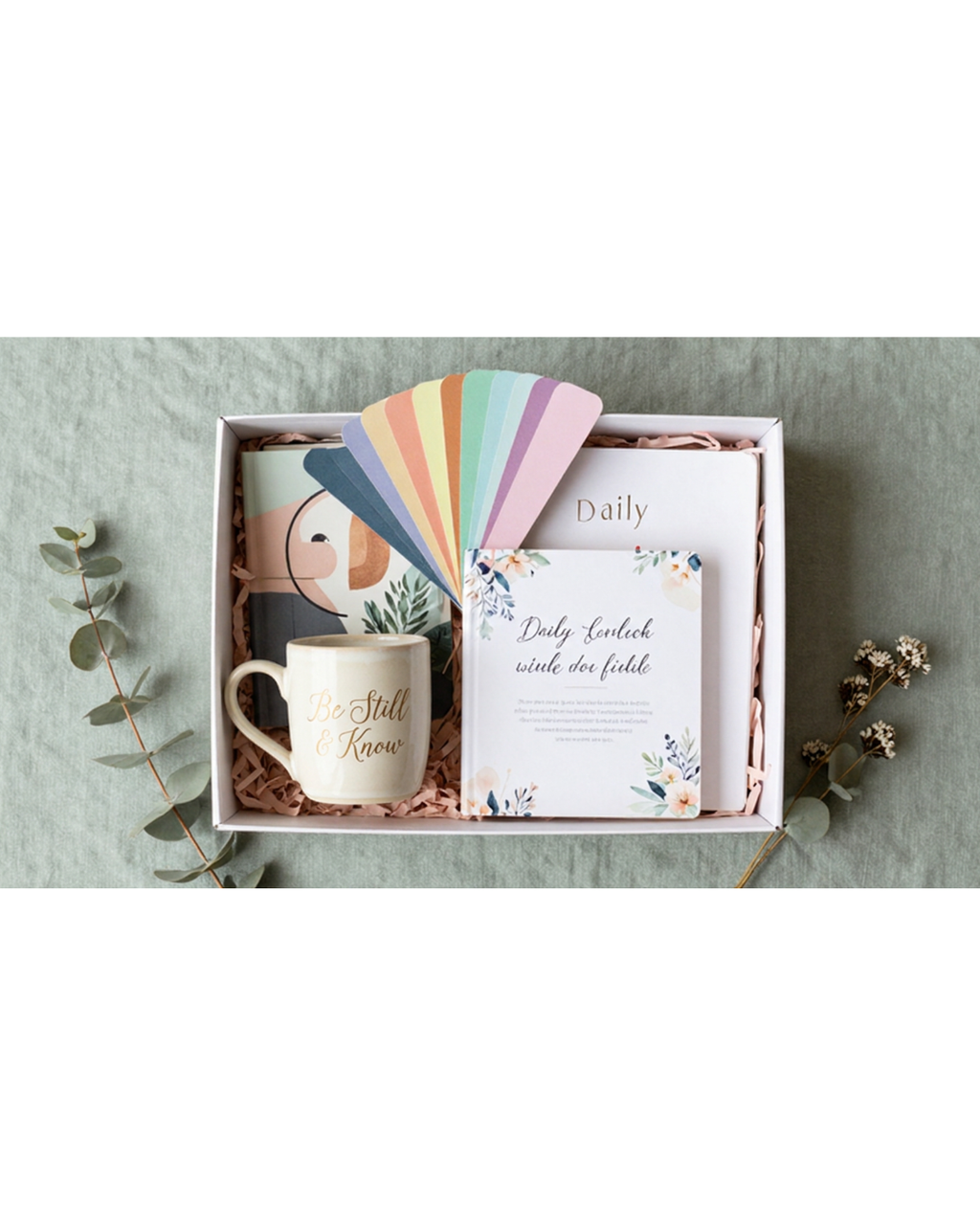A faithful & motivational box curated with goodies to make you feel seen & loved. Daily devotional, inspirational cards & bookmarks, journal.