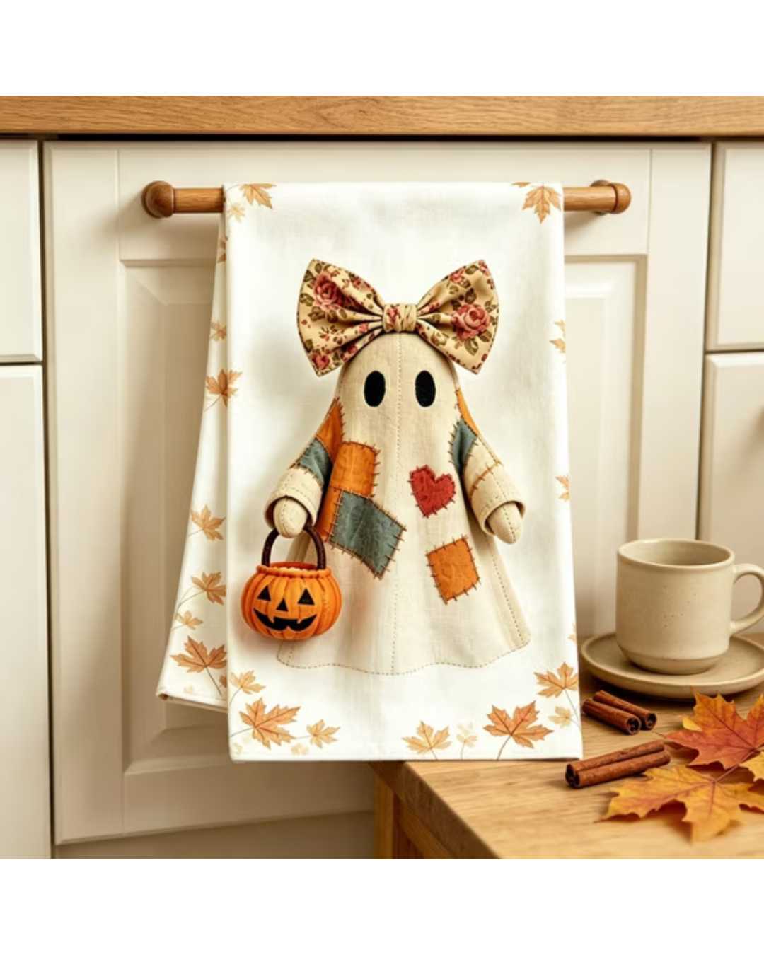 A white kitchen towel with a ghost-shaped patchwork design and autumn leaves, hanging from a wooden rod on white cabinets. The towel features a patchwork ghost with a floral bow, holding a small pumpkin bucket.