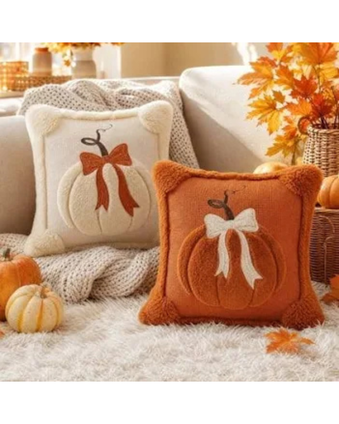 Two decorative throw pillows styled on a sofa in a cozy fall setting. One pillow is cream with a pumpkin motif and red bow, and the other is rust orange with a pumpkin motif and white bow.