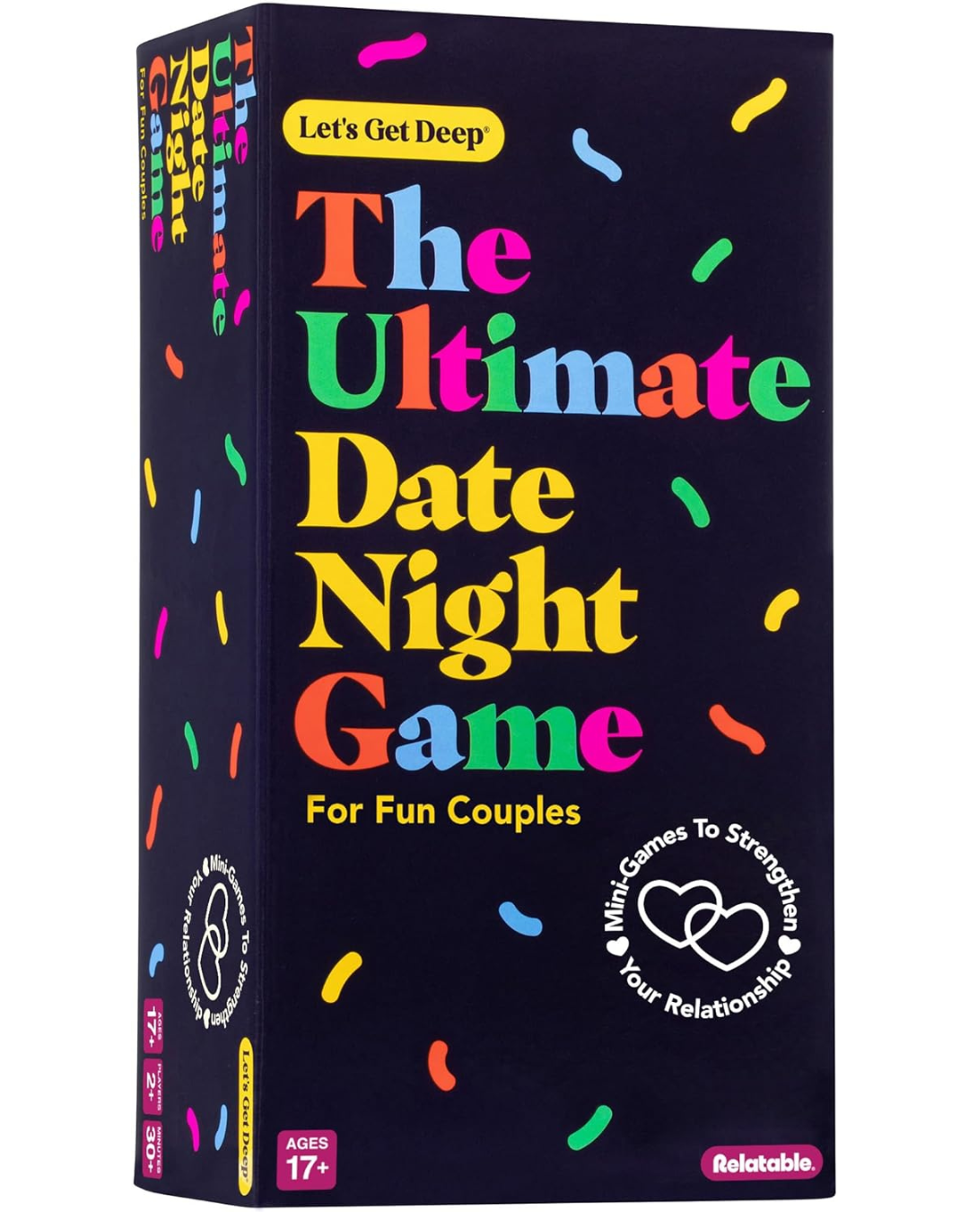 The Ultimate Date Night Game box by Notable on a plain white background. The box is dark navy blue with colorful confetti accents and large, multicolored title text reading 'The Ultimate Date Night Game' in yellow, pink, green, and orange.