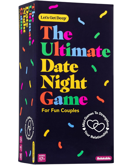 The Ultimate Date Night Game box by Notable on a plain white background. The box is dark navy blue with colorful confetti accents and large, multicolored title text reading 'The Ultimate Date Night Game' in yellow, pink, green, and orange.