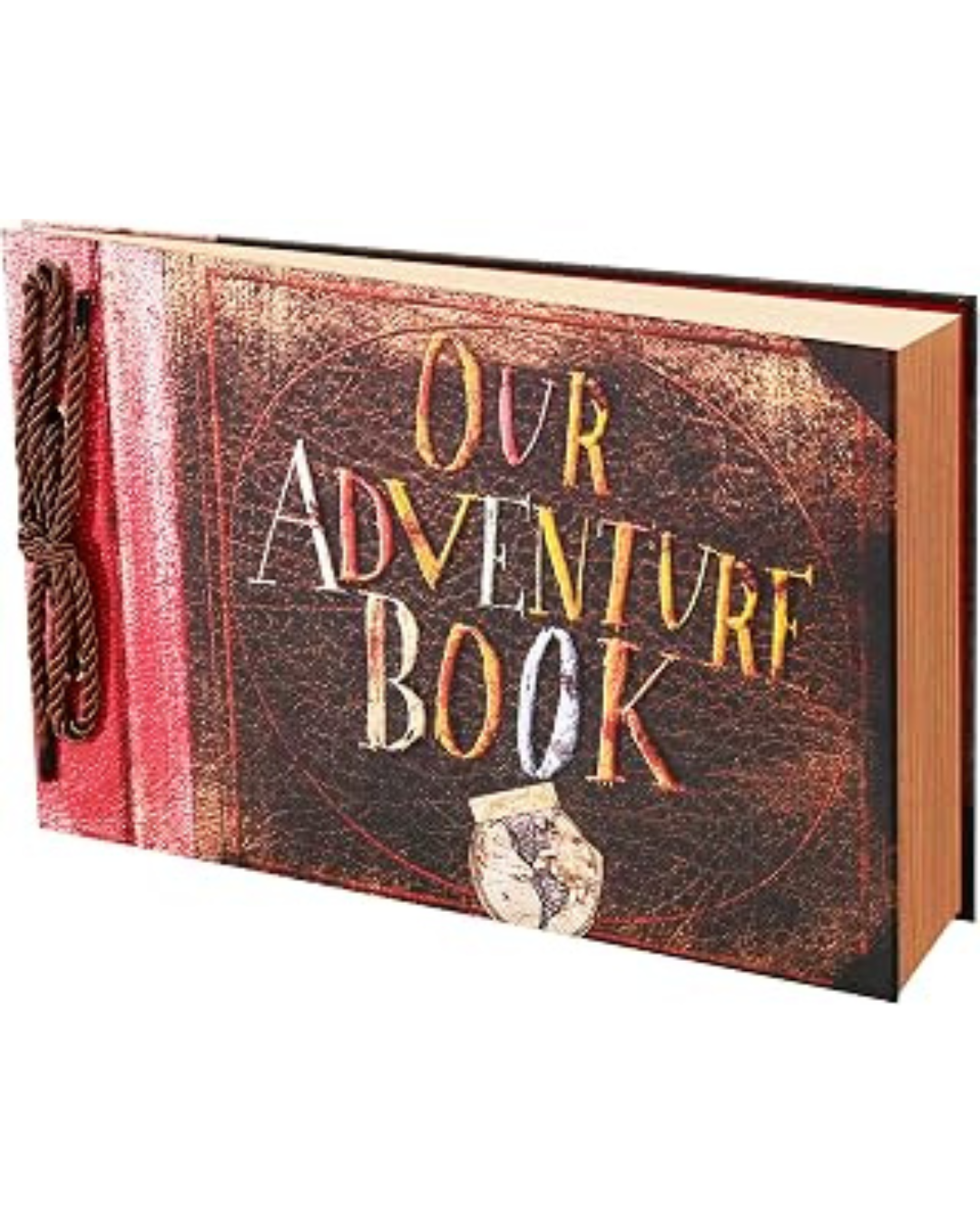 A decorative hardcover book titled 'Our Adventure Book' with a distressed brown and red cover, gold and white lettering, and a rope handle on the left, shown on a plain white background.