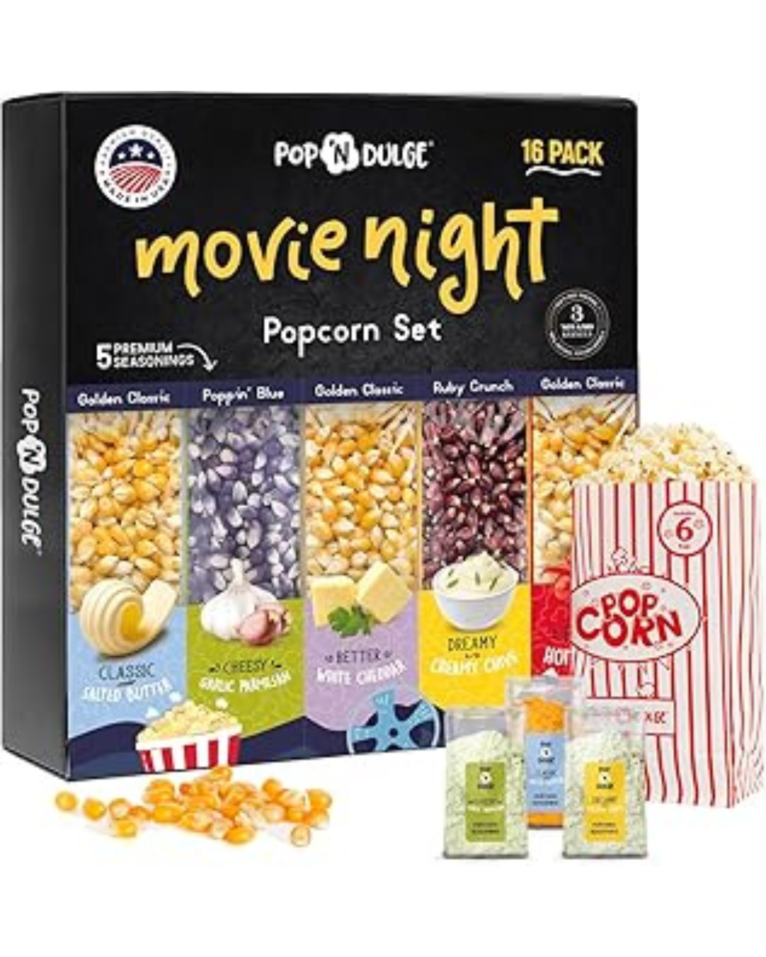 Pop N Dulse Popcorn Set 16-pack box with five different flavored popcorn bags and seasoning packets displayed in front on a white background.
