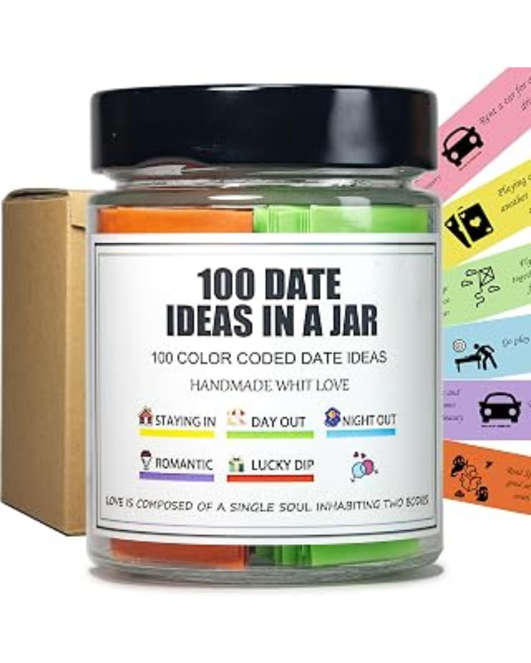 A clear glass jar candle with a black lid and a white label reading '100 Date Ideas in a Jar,' shown with colorful date-themed inserts and a brown kraft box on a white background.