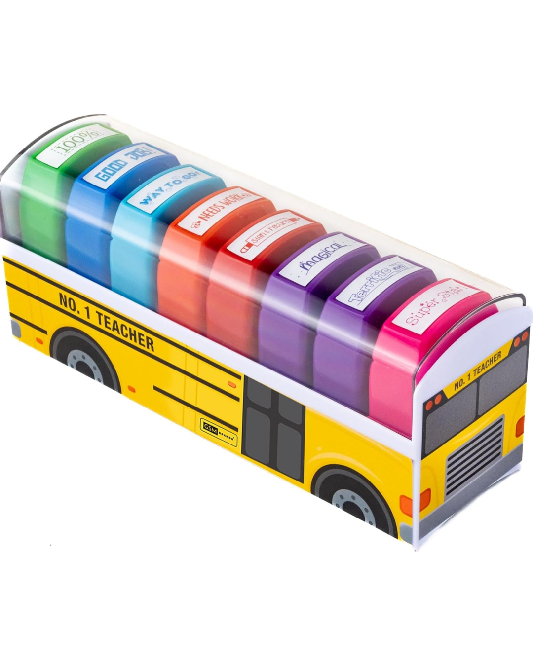 A novelty school bus-shaped pen holder with a clear plastic top cover, containing six colorful pens in green, blue, light blue, red, purple, and pink. The bus is yellow with black wheels and the words 'NO.